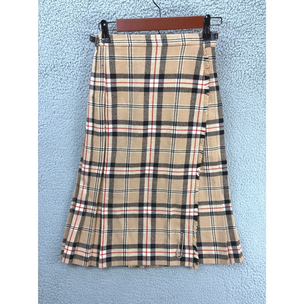 Clan Laird Pleated Wrap Kilt Skirt Womens 12 Beige Plaid Wool Scotland Vintage